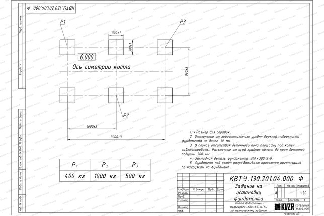 Чертеж изготовления фундамента котла КВр 1.5 с колосниками