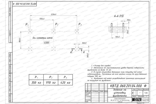 Чертеж фундамента котла на дровах 0.7 МВт с колосниками